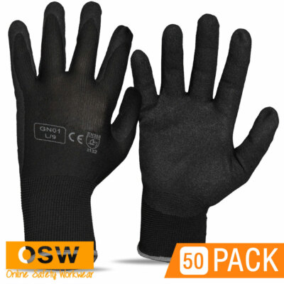 50 x Black Nitrile Basic/Smooth Finish Ninja-Style Dry Wet Grip Work Gloves