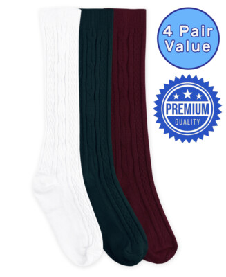 Jefferies Socks Girls School Uniform Cable Knit Dress Knee High Socks 4 Pair PK - Burgundy - Acrylic - Girls