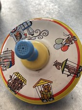 Vintage 1960's Ohio Art Metal Spinning Top Tin Toy Wood Handle CIRCUS