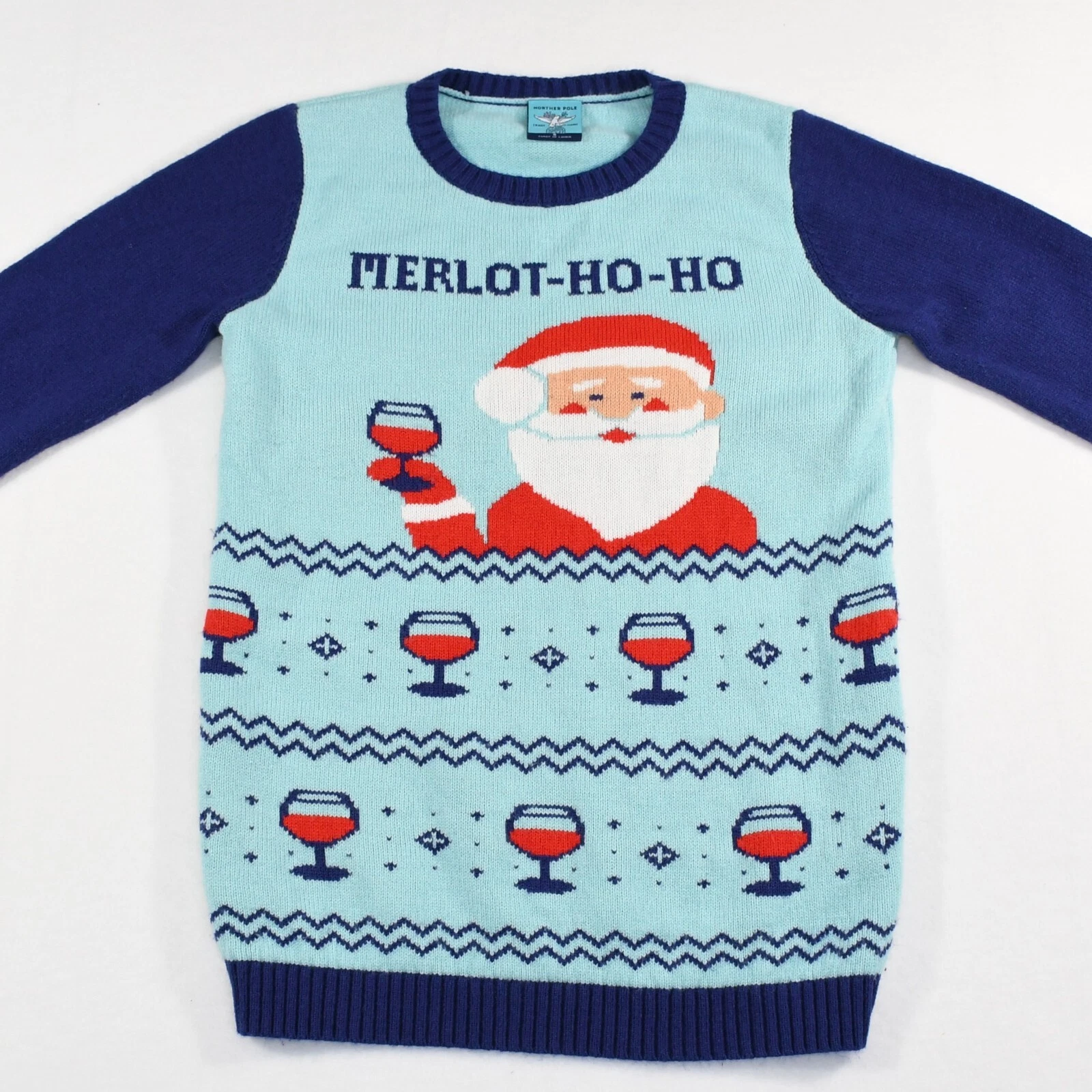Norther Pole Ugly Christmas Sweater Women's Small Blue Merlot-Ho-Ho Santa Wine