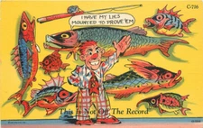 1940s Exaggeration comic humor fish record C-716 Teich linen Postcard 22-10420