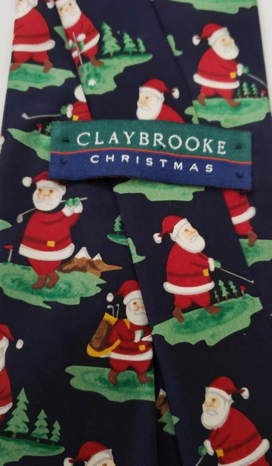 Corbata de Navidad Claybrooke Papá Noel jugando al golf 100 % seda hecha en EE. UU. Foto 3 de 4