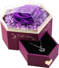Heart Shape Preserved Real Rose Box with Necklace, Forever I Love You Roses Gift