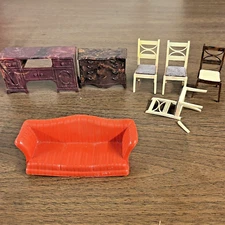 Renewal Dollhouse Furniture Plastic Couch Dresser Bedroom Desk Chairs Lot VTG