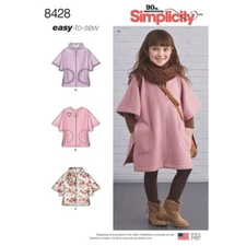 Simplicity 8428 Poncho in 2 Lengths w Hood Option, Pockets Sz 3-8 UNCUT Pattern