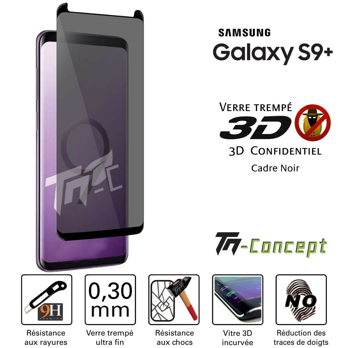 Verre trempé 3D incurvé teinté anti-espion pour Samsung Galaxy S9 Plus