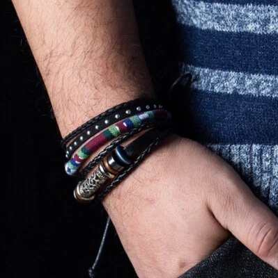 Ensemble 4 Bracelets Homme Femme Cuir tressé - Corde - Tissage - Métal - Photo 1/2