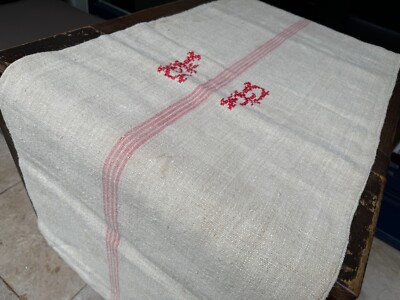 Alter handgewebter Leinen Sack rote Mittelstreifen gesticktes Prunkmonogramm