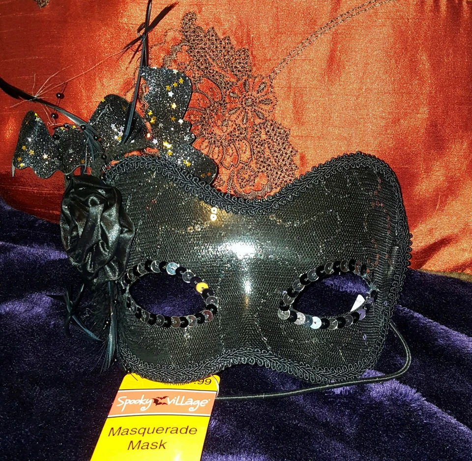 HALLOWEEN Masquerade Mask Black Lace & Silver & Sparkling Bats by Spooky Village - Image 2 of 4