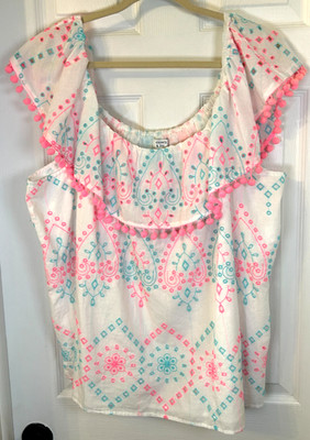 Crown & Ivy Blouse Sz 3X Pink Aqua Embroider Eyelet Pom Pom Flutter Top NEW!