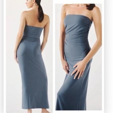 Reformation Bebe Strapless Midi Dress in Flint Gray Blue Medium