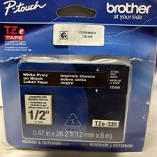 Genuine Brother TZe335 12mm .5 in White on Black P Touch TZ tape