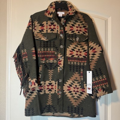 NWT L.I.F.E. Western Green Tan Aztec Fringe Button Front Jacket Womens size S
