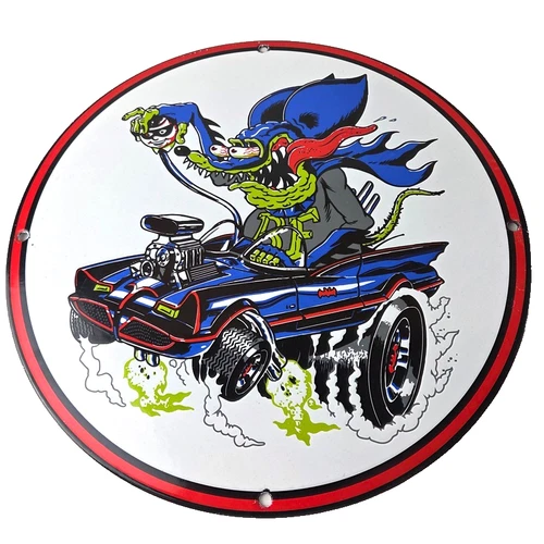 Vintage Rat Fink Hot Rod Batmobile Porcelain Sign - Kustom Fink Sign