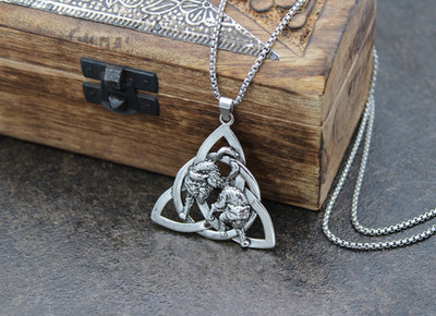 Wikinger Kette zwei Wölfe Anhänger   Herren Triquetra Schmuck Nordisch Gothic