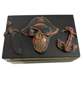 Vintage Wooden Pirate s Treasure Chest Trinket Box One Eyed Pirate Sword Anchor