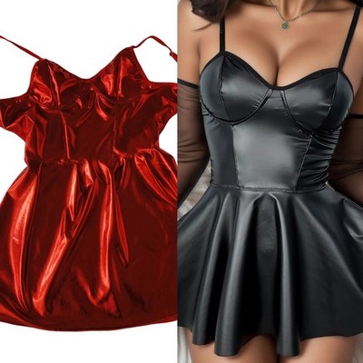 Damen Erotik Schwarz Leder Nachtclub für Dessous Set Nachthemd Tanga Handschuhe