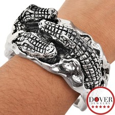 Estate Silver Large Hollow Textured Alligators Cuff Bracelet 35.7 Grams NR