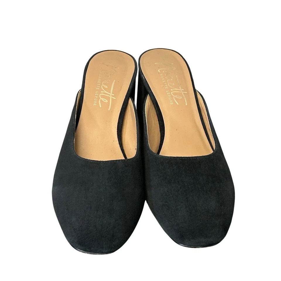 Nanette Lepore Peggy Tacón Bloque Negro Gamuza Cuero Mules Mujer’s Talla 8.5 Foto 3 de 4