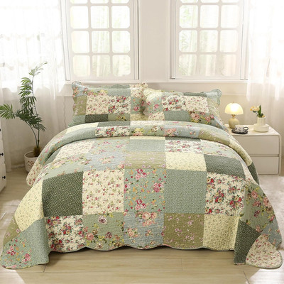 Boho Patchwork Cotton Quilted Bedspread Quilt Set King Size 3 Pieces