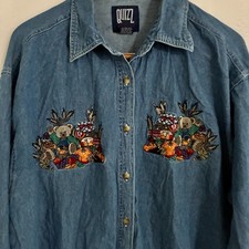 Chemise Vintage Quizz Femme Taille 22 Denim Brodé Ours Limonade - 100% Coton, Manches Courtes, Occasion