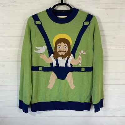Tipsy Elves Unisex Sweet Baby Jesus Ugly Christmas Sweater Sz Lg Green/Blue