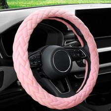 Soft Velvet Steering Wheel Cover - Universal 15 Inch - Light Pink Fuzzy Car