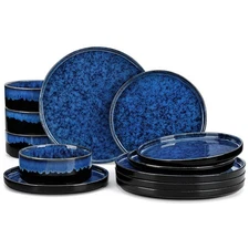 Starry Plates and Bowls Sets,12 Pieces Blue Dinnerware Sets for Kitchen,Moder...