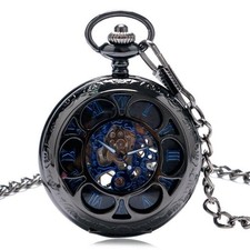 Mechanical Watches Steampunk Skeleton Pocket Watch with Chain Men's Luxury Black