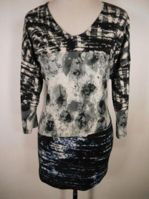 Beautiful Women's XL Onque Casual Black Gray Long Sleeve Knit Top w/ Silver Rive