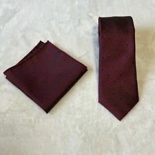 100% Silk Designer 58" Necktie & Matching Pocket Square Set Red W/Blue Polka Dot
