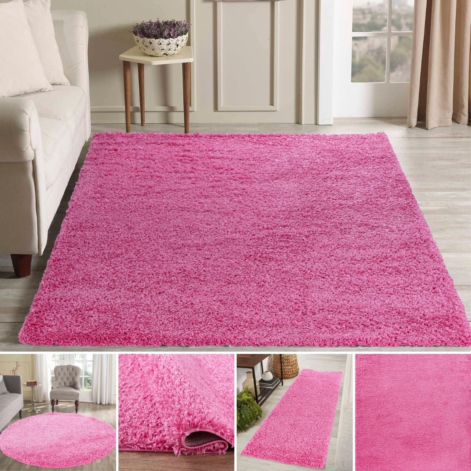 Modern Bright Pink Small - Large Thick Living Room Area Plain Fluffy Shaggy Rug