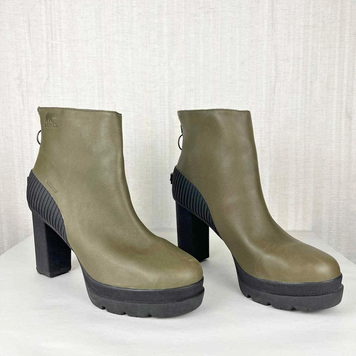 Sorel Dacie Nori Green Waterproof Leather Rubber Block Heel