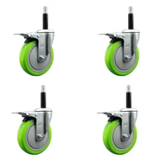 5 Inch SS Green Poly Swivel 3/4 Inch Expanding Stem Caster Set Total Lock Brake