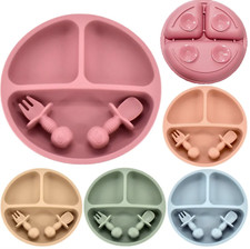 Silicone Plate, Spoon Fork Set Solid Cute Color Children Dishes Feed Training