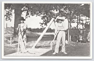 Farm~Two Illinois Farmer Boys Working on Water Joints B&W~Vintage Postcard