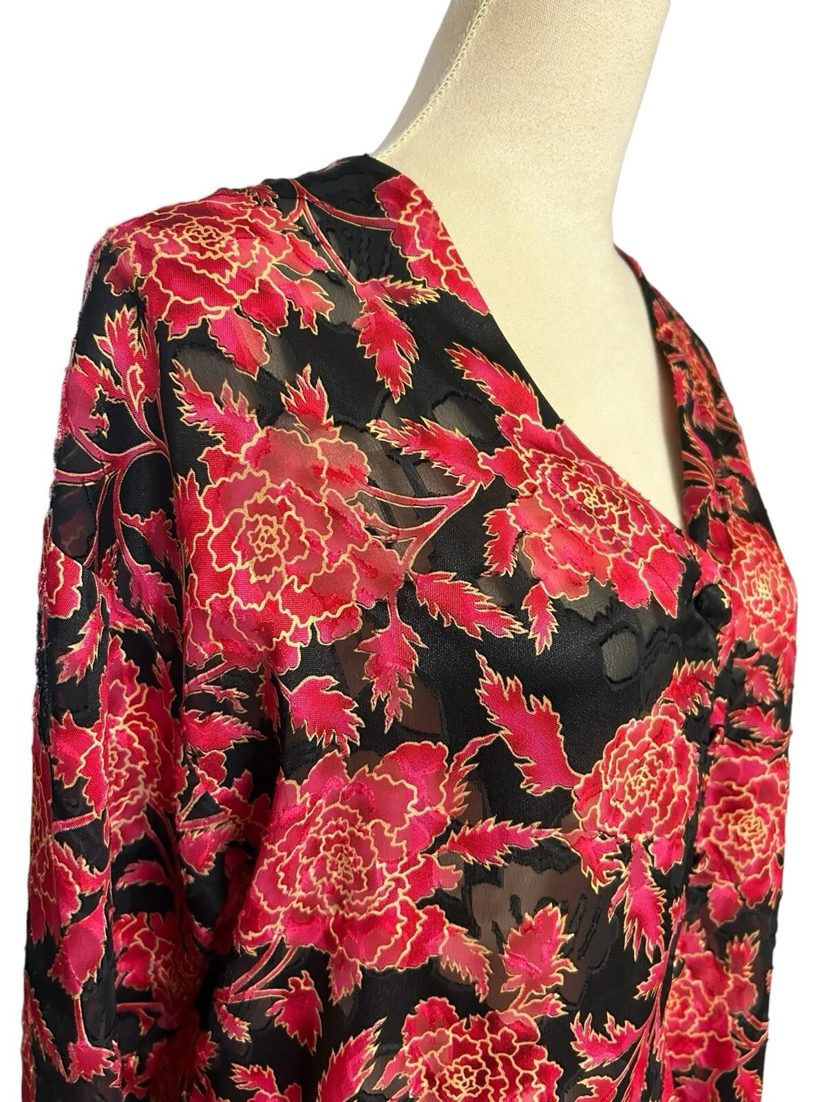 UNDERCOVER Abito Victoria Secret vintage etichetta oro bottoni floreale rosso nero semi trasparente taglia M