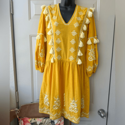 Ranna Gill (Anthropologie) Yellow/White Embroidery & Tassel Mini Dress Size XS