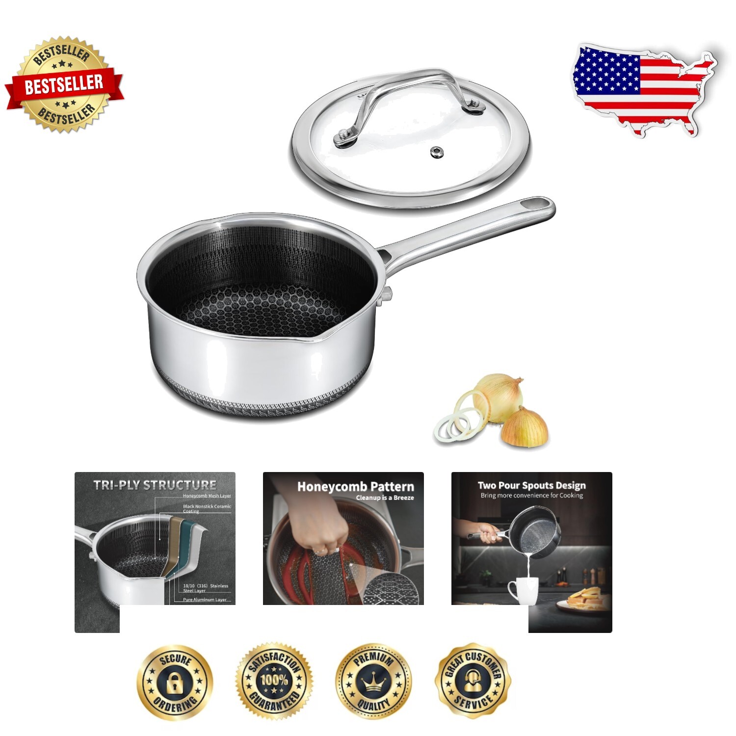 Hybrid Nonstick 1.5 QT Stainless Steel Saucepan with Glass Lid and Pour Spouts