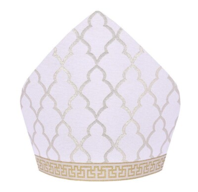 White Gold gothic arch Bishop s Miter with gold Trim white fabric Mitra Size 58