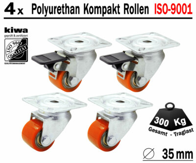 Polyurethan Schwerlast Transport Lenk Rollen 4 x Ø 35mm Traglast 400 Kg / Br-Le