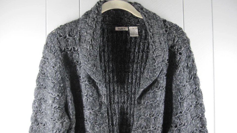 Cárdigan Studio Y para mujer XL gris lazo delantero recortado tejido abierto grunge núcleo de cabina Foto 3 de 4
