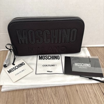 Moschino Black Logo Zip Around Quilted Wallet with Silver Hardware