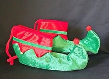 Christmas Elf Shoes Green Red Velvet Curled Toe Pom Pom Costume Accessory Adult