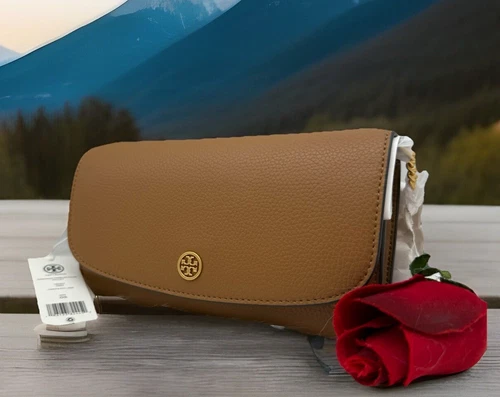 Portafoglio a tracolla AUTENTICO NUOVO CON ETICHETTE TORY BURCH Robinson pelle ciottolata catena occhio di tigre