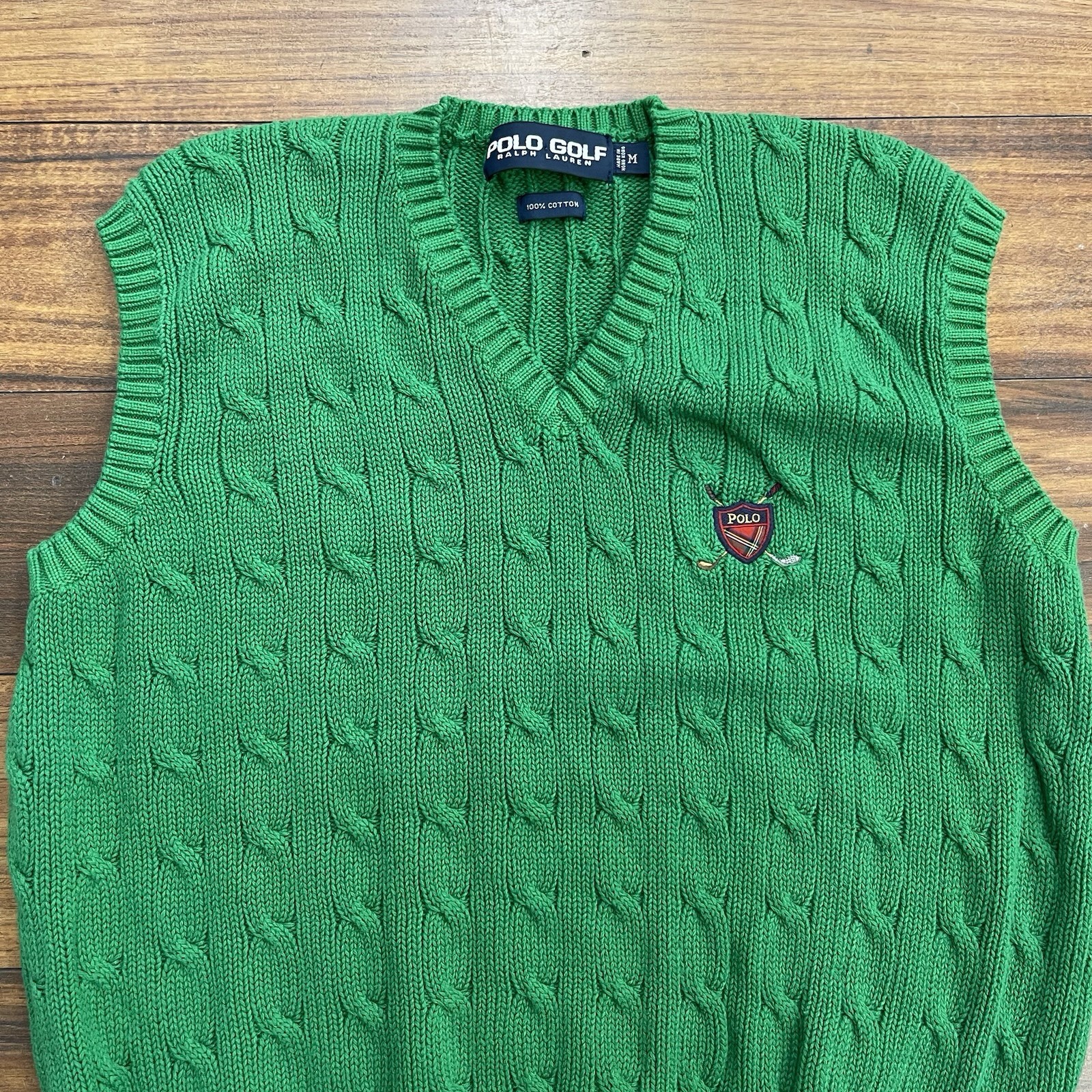 Vintage Polo Golf Ralph Lauren Men M Green Cable Knit Sweater Vest Crest Golfing thumbnail 2