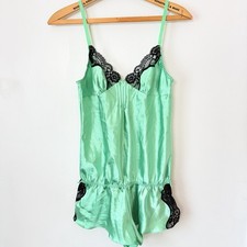 Frederick  s of Hollywood Satin Lace Teddy Romper Lingerie Mint Green S