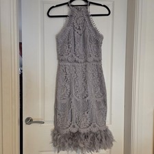 Lipsy London Silver Grey Lace Feather Hem Halter Dress - Size 8