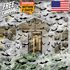 Famoby 1200 sqft Halloween Spider Webs and 120pcs Fake Bats and 50pcs Fake Spide