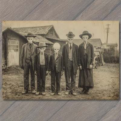 #ad POSTCARD Alien Family Old West Sepia Paranormal Strange Vintage Farm Photograph $6.65
